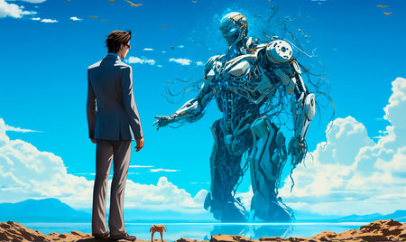 Symbolizes collaboration between people and technology. Presents the potential of robots to help clean up the environment. Conveys a futuristic vision of waste management innovation.の素材