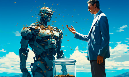 Unique works of art demonstrating human-robot interaction. A creative combination of technology and humanity. Symbolic representation of environmental consciousness using a trash can.の素材