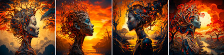 4 photos Unique artistic style combining a woman's head and a tree. Emphasis on ominous landscapes and psychological phenomena. Captivating and thought-provoking illustrationsの素材