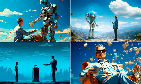 4 pictures. Cooperation between robots and people in waste management. Integrating technology and human efforts to clean up the environment. Symbolic representation of sustainable practices.の素材