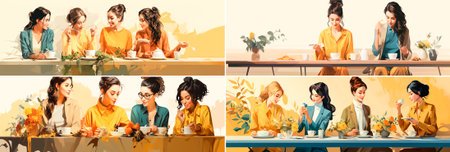 4 photos, Flat vector illustrations showing four different women in different poses and outfits. Modern and stylish design. Aesthetics ideal for use on social networks, websitesの素材