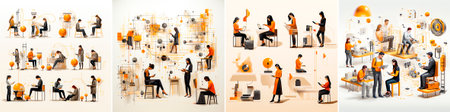 4 photos, Each person has their own unique tools and techniques. The light black and orange style adds a modern touch. Demonstrates diversity and individuality in work styles.の素材