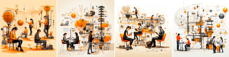 4 photos, Each person has their own unique tools and techniques. The light black and orange style adds a modern touch. Demonstrates diversity and individuality in work styles.の素材