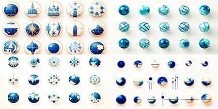 4 photos, Set of blue globes of various shapes. Stylish and unique design. Ideal for adding a pop of color to any space.の素材