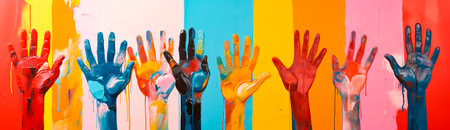 Colorful and bright hands in pop art style with various symbols. A combination of different colors and elements in a minimalist collage. A unique and eye-catching piece of art for any space or projectの素材