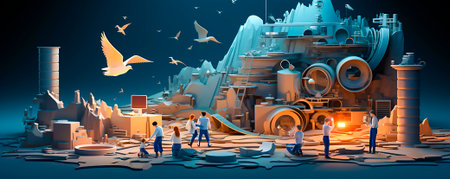 The illustrations show people using smartphones in a unique style. The color palette includes light gray and dark blue tones for a modern look. Depicts the connection between technology and finance.の素材