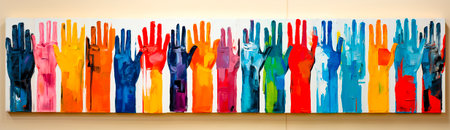 Colorful and bright hands in pop art style with various symbols. A combination of different colors and elements in a minimalist collage. A unique and eye-catching piece of art for any space or projectの素材