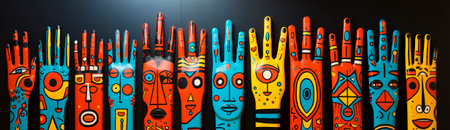 Colorful and bright hands Colorful and bright pop art style. Varied image with different colors and symbols. Unique and eye-catching design inspired by strip painting and minimalist collages.の素材