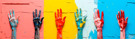 Colorful and bright hands in pop art style with symbols. Bright and attractive minimalist collages. Unique stripe painting design with different colors and symbols.の素材