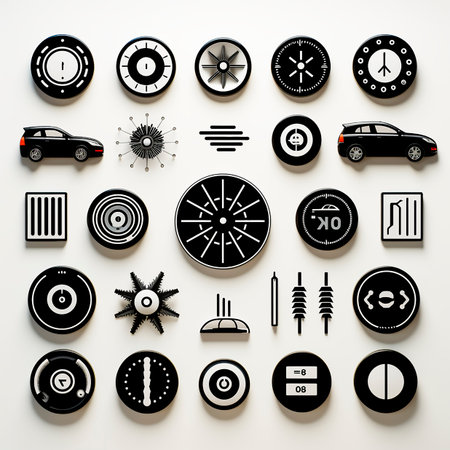 The icon set includes car icons for gears, air conditioning, brakes and battery. Ideal for automotive websites or applications. High-quality vector graphics that can be easily resized and customized.の素材
