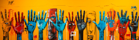 Colorful and bright hands Colorful and bright pop art style. Varied image with different colors and symbols. Unique and eye-catching design inspired by strip painting and minimalist collages.の素材