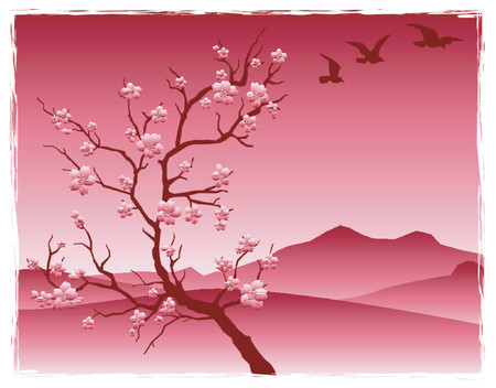 cherry tree with blossoms in front of mountainsのイラスト素材