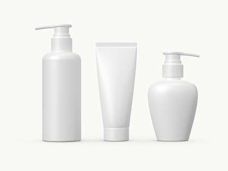 Blank white plastic cosmetic products template, isolated on white background の写真素材