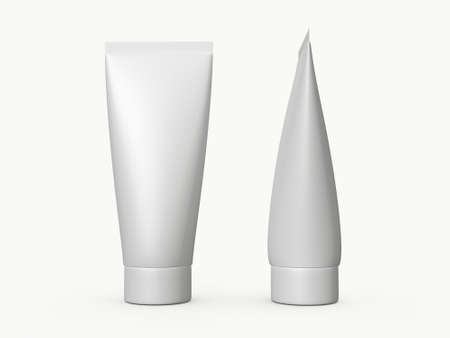 Blank white plastic tube template, front and side view, isolated on white background の写真素材