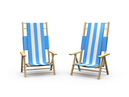 Blue and white beach arm chairs for couple, front view, isolated on white background.の写真素材