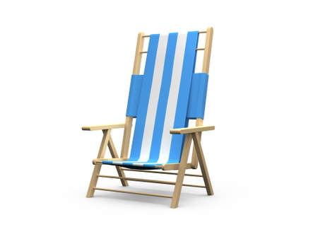 Blue and white wooden beach arm chair, isolated on white background.の写真素材