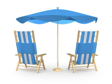 Blue and white wooden beach chairs and sun umbrella for couple, isolated on white background.の写真素材