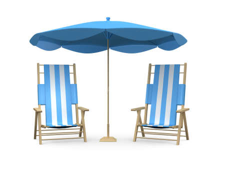 Blue and white beach chairs and sun umbrella for couple, isolated on white background.の写真素材