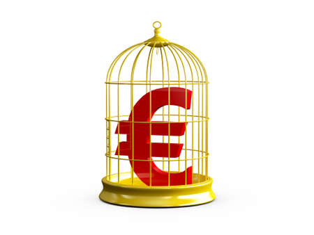 Red euro sign in golden bird cage with closed door, isolated on white background.の写真素材