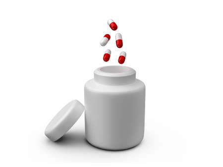 Red medical capsules, pills falling down to an empty, blank pillbox, bottle, isolated on white.の写真素材