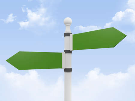 Green, shiny traffic, road signs, left and right, on cloudy sky background.の写真素材