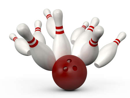 Red bowling ball crashes into the bowling pins with red stripes, isolated on white background.の写真素材