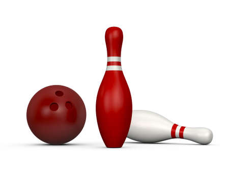 Red bowling pin wins the game, white skittle loses with red bowling ball, isolated on white background.の写真素材