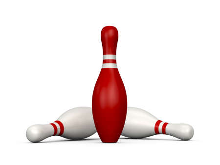Red bowling pin wins the game, white skittles lose, isolated on white background.の写真素材