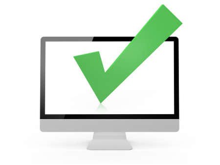 Green check mark in monitor, isolated on white background.の写真素材
