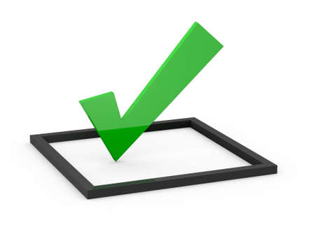 Green check mark sign on list option, isolated on white background.の写真素材