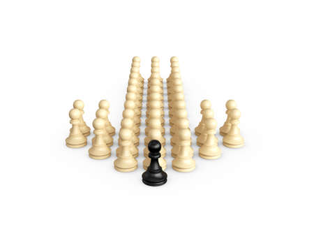 Straight direction arrow from chess pieces and black pawn as the leadership of others, isolated on white background.の写真素材