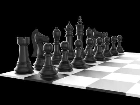 Chess board with starting positions aligned chess pieces, isolated on black background.の写真素材