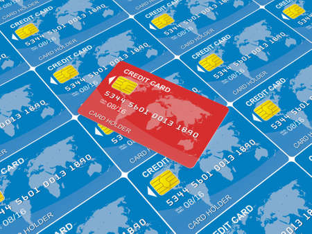 Red credit card on blue credit cards.の写真素材
