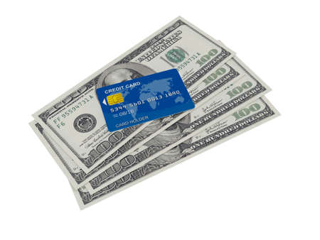 Blue credit card on one hundred dollar bills, isolated on white.の写真素材