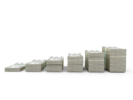 Stack of one hundred dollar bills row, isolated on white.