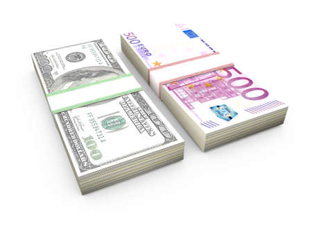 Stack of money, euro and dollar bills, isolated on white.の写真素材