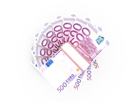 Stack of five hundred euro bills, isolated on white.