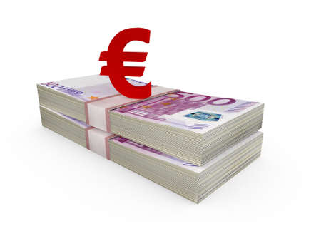 Stack of five hundred euro bills and red euro sign, isolated on white.の写真素材