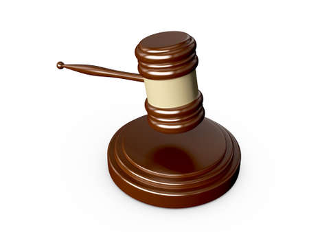 Close up wooden gavel in action, isolated on white background.の写真素材