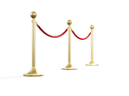 Golden fence, stanchion with red barrier rope, isolated on white background.の写真素材