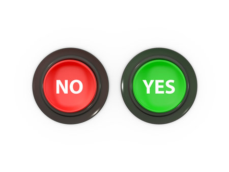 Red no and green yes buttons, top view, isolated on white background.