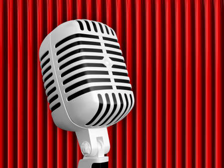 Full of red striped theatre curtains and single retro microphone.の写真素材