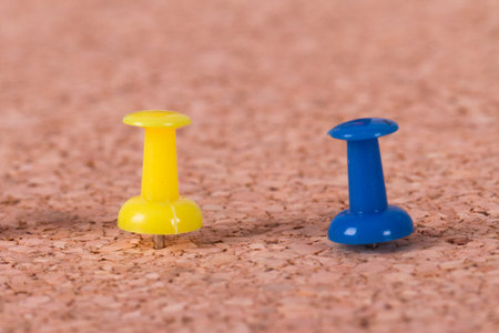 Push pins on cork bulletin board.