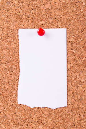 White, blank torn paper with green push pins on cork bulletin board.の写真素材