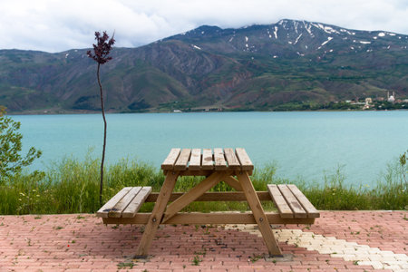 Empty wooden bench with viewpoint looking out to lake and mountain, cloudy weather.