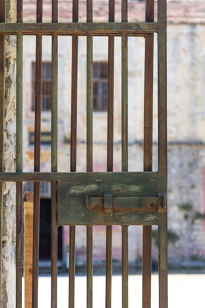 Close up view of iron prison door lock.の写真素材