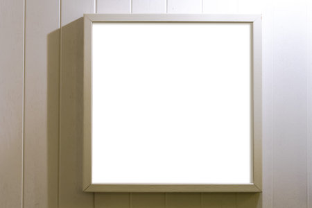 Modern, single, blank gallery frame, interior scene, advertisement board on wall. light from top.