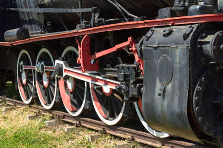 Wheels of train and steam locomotive in Edirne, Turkey.の写真素材