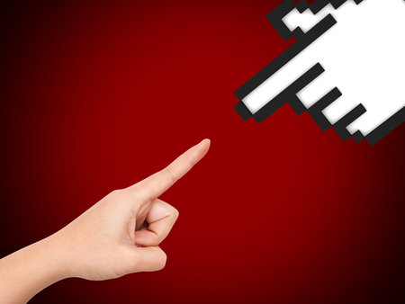 Hand reaching hand cursor of technology on red .