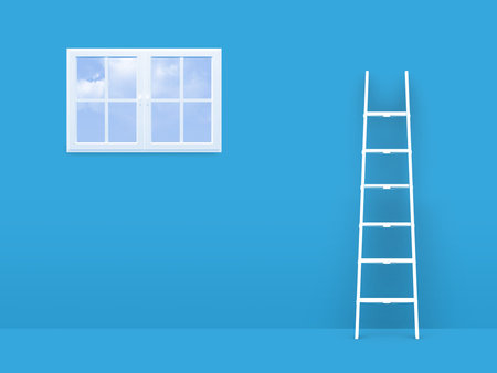Failure concept, white ladder trying to reach freedom, window on blue room.の写真素材